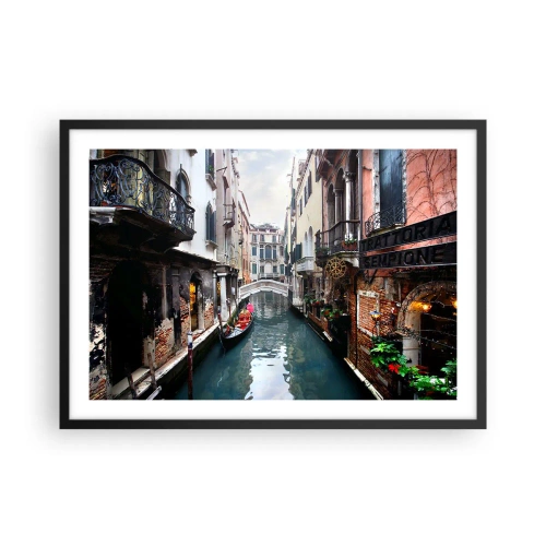 Póster en marco negro - Un canal en Venecia con una góndola y edificios históricos. - 70x50cm - Paisaje veneciano con góndola y puente - Decoración de pared moderna para salón y dormitorio ARTTOR