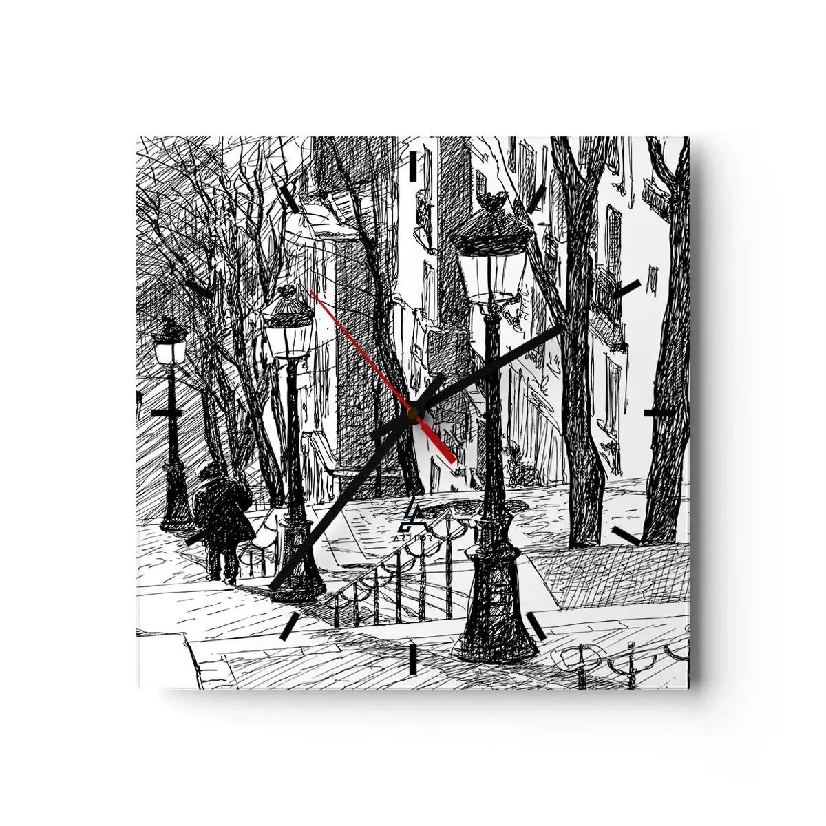 Reloj de pared - Reloj de vidrio - Una calle con farolas y una silueta humana en técnica de boceto. - 30x30cm - ¿Una historia de amor o de terror? - Decoración de pared moderna para salón y dormitorio ARTTOR