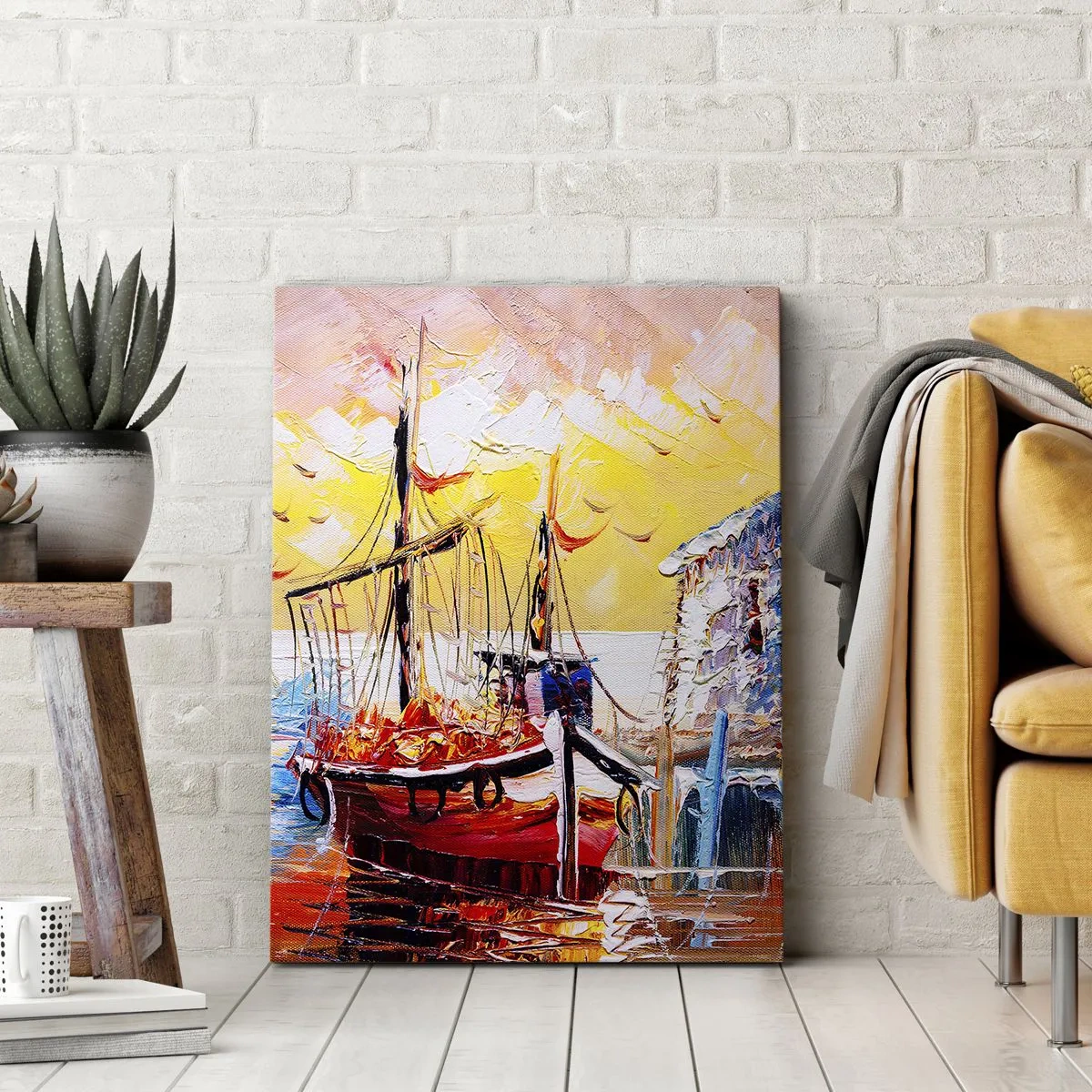 Cuadro sobre lienzo - Impresión de Imagen - Puerto pintoresco al atardecer con barcos de pesca - 50x70cm - Feliz regreso - Decoración de pared moderna para salón y dormitorio ARTTOR