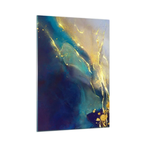 Cuadro sobre vidrio - Impresiones sobre Vidrio - Una composición abstracta en tonos azul marino, turquesa y dorado. - 50x70cm - Inundación dorada - Decoración de pared moderna para salón y dormitorio ARTTOR