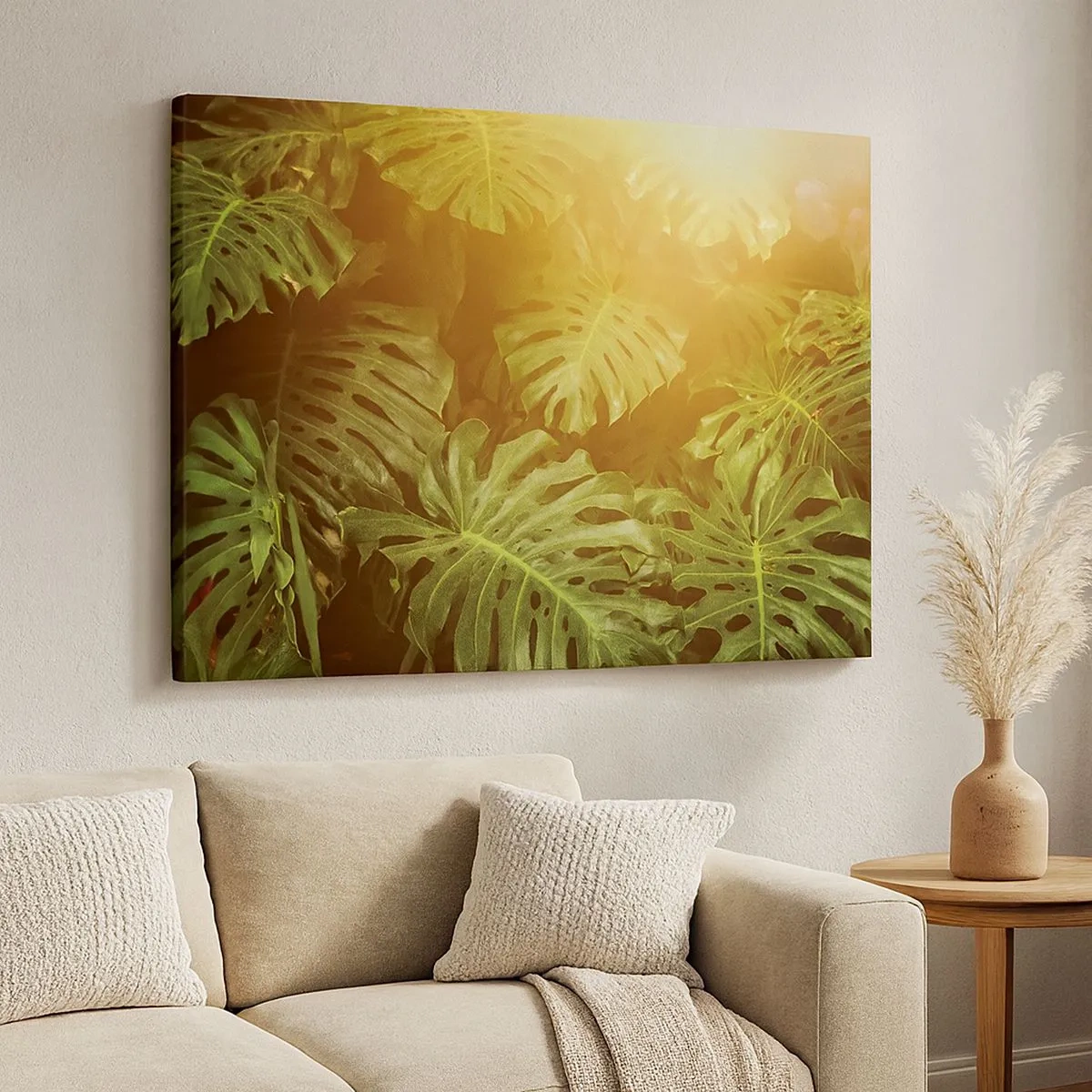 Cuadro sobre lienzo - Impresión de Imagen - Hojas de monstera a la luz del sol sobre un fondo natural. - 70x50cm - Hacia el verdor... - Decoración de pared moderna para salón y dormitorio ARTTOR