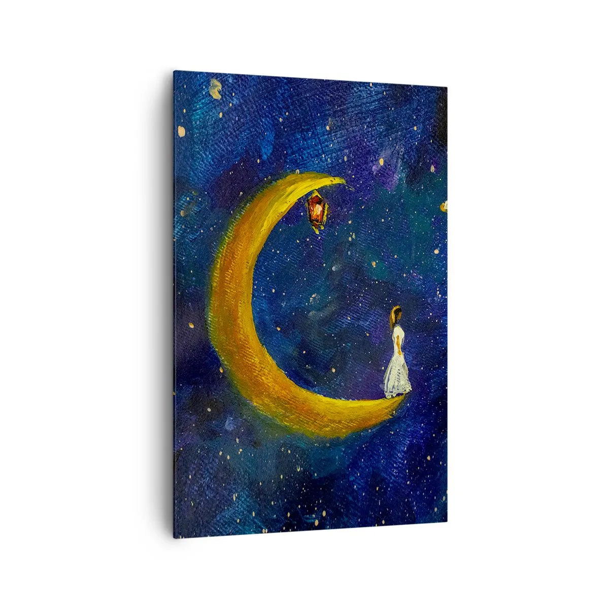 Cuadro sobre lienzo - Impresión de Imagen - Una niña parada en la luna en un cielo estrellado. - 80x120cm - La llamada de la Luna - Decoración de pared moderna para salón y dormitorio ARTTOR