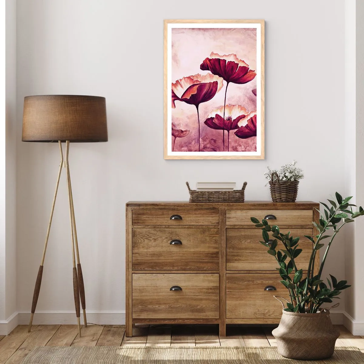 Póster en marco roble claro - Pétalo rojo y blanco - 70x100 cm