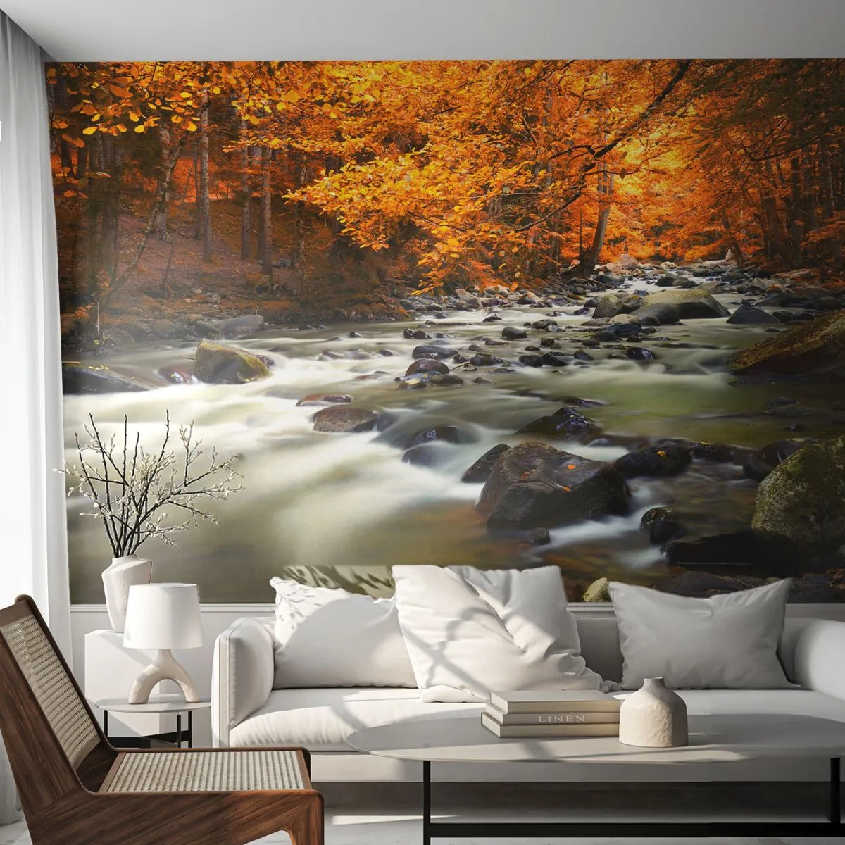 Fotomural Standard Eco - Un arroyo en un bosque dorado - Paisaje, Bosque, Arroyo de montaña - 200x140 cm