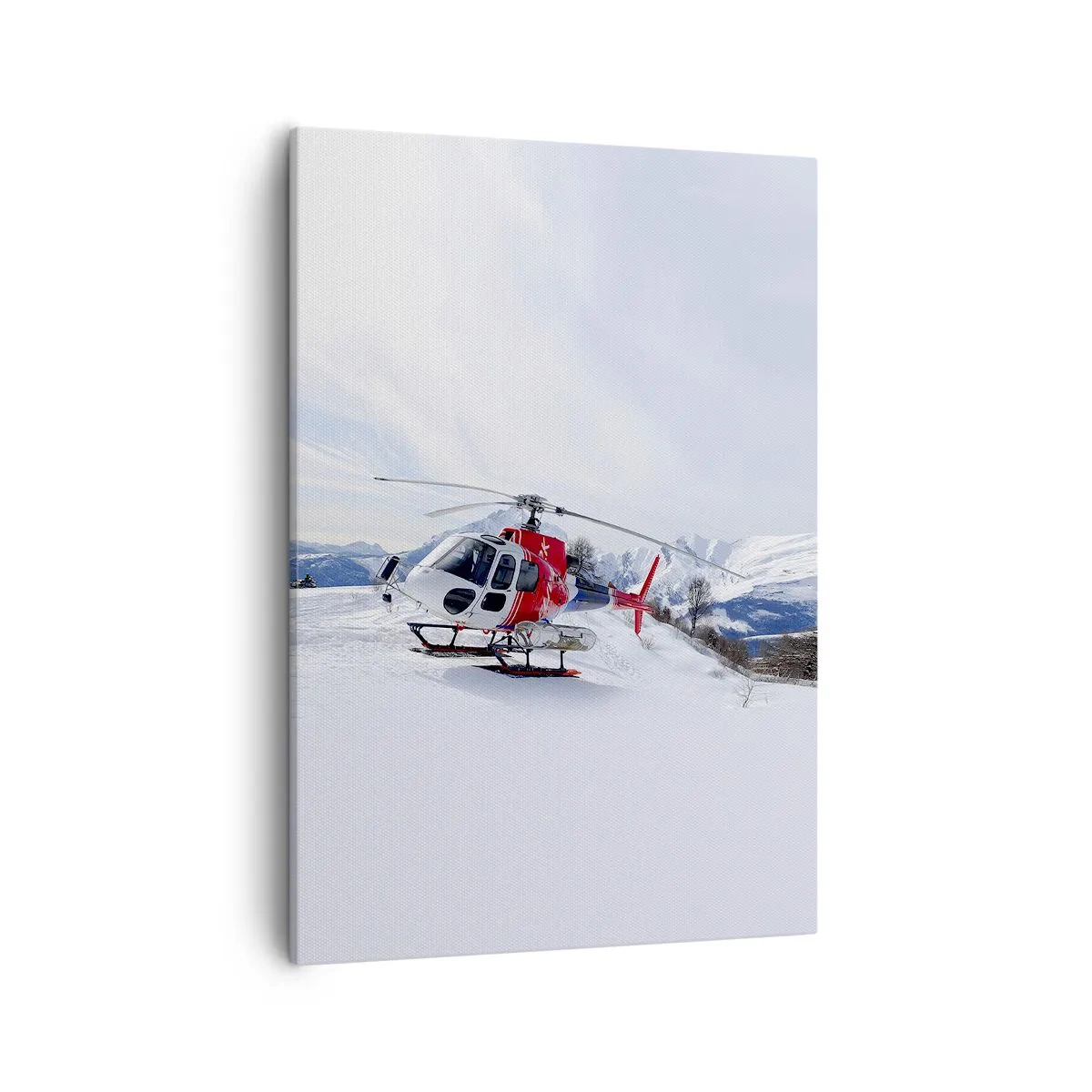 Cuadro sobre lienzo - Impresión de Imagen - Un helicóptero rojo contra un paisaje de montaña nevada. - 50x70cm - Siempre listo - Decoración de pared moderna para salón y dormitorio ARTTOR