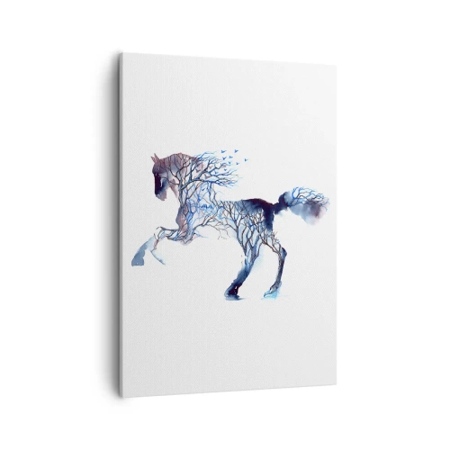 Cuadro sobre lienzo - Impresión de Imagen - Gráfico artístico de caballo con motivos de árboles y pájaros. - 50x70cm - El bosque en movimiento - Decoración de pared moderna para salón y dormitorio ARTTOR