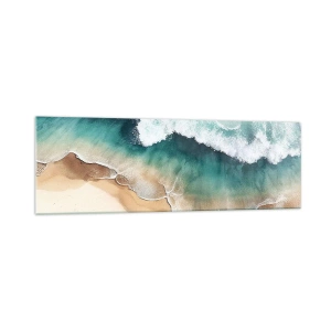 Cuadro sobre vidrio - Impresiones sobre Vidrio - Vista de la playa y las olas del mar en tonos turquesa. - 160x50cm - Un encuentro eterno - Decoración de pared moderna para salón y dormitorio ARTTOR