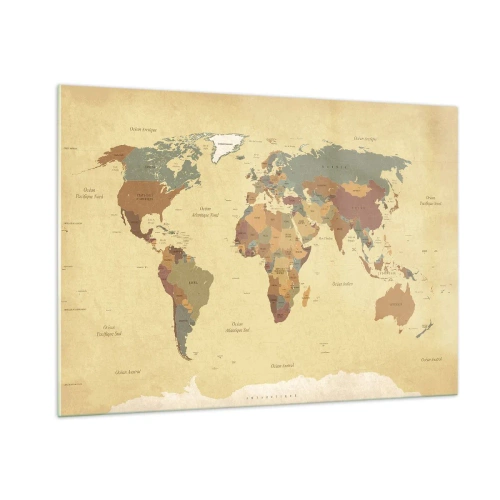 Cuadro sobre vidrio - Impresiones sobre Vidrio - Un mapa del mundo en tonos beige y marrón sobre un fondo vintage. - 100x70cm - Para ti, el mundo entero - Decoración de pared moderna para salón y dormitorio ARTTOR