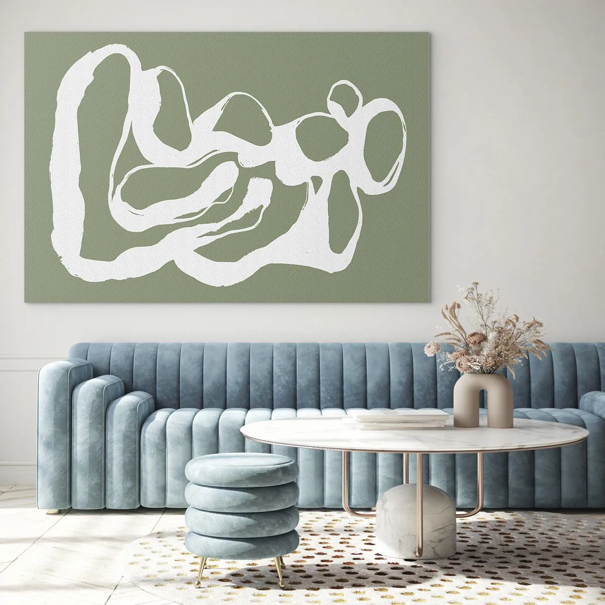 Cuadro sobre vidrio - Impresiones sobre Vidrio - Forma orgánica abstracta blanca sobre un fondo oliva - 70x50cm - La llamada del espacio - Decoración de pared moderna para salón y dormitorio ARTTOR