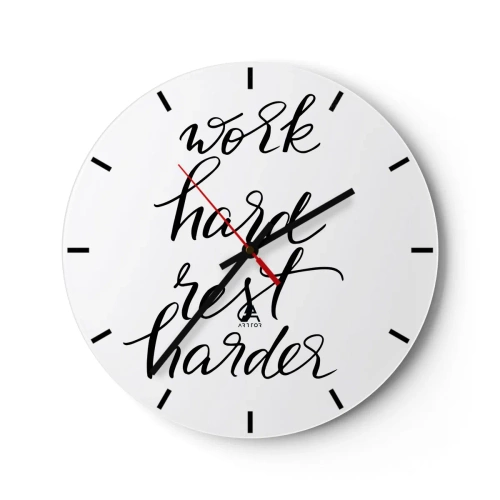 Reloj de pared - Reloj de vidrio - Inscripción en blanco y negro "Trabaja duro, descansa más duro" sobre un fondo blanco. - 30x30cm - Balance de vida - Decoración de pared moderna para salón, cocina y dormitorio ARTTOR