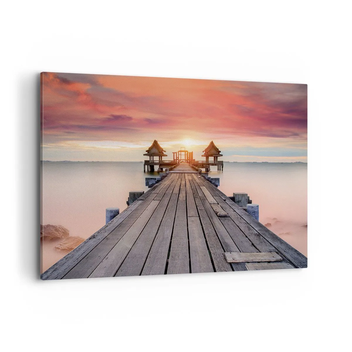 Cuadro sobre lienzo - Impresión de Imagen - Muelle de madera que conduce a los miradores al atardecer - 100x70cm - De este a oeste - Decoración de pared moderna para salón y dormitorio ARTTOR