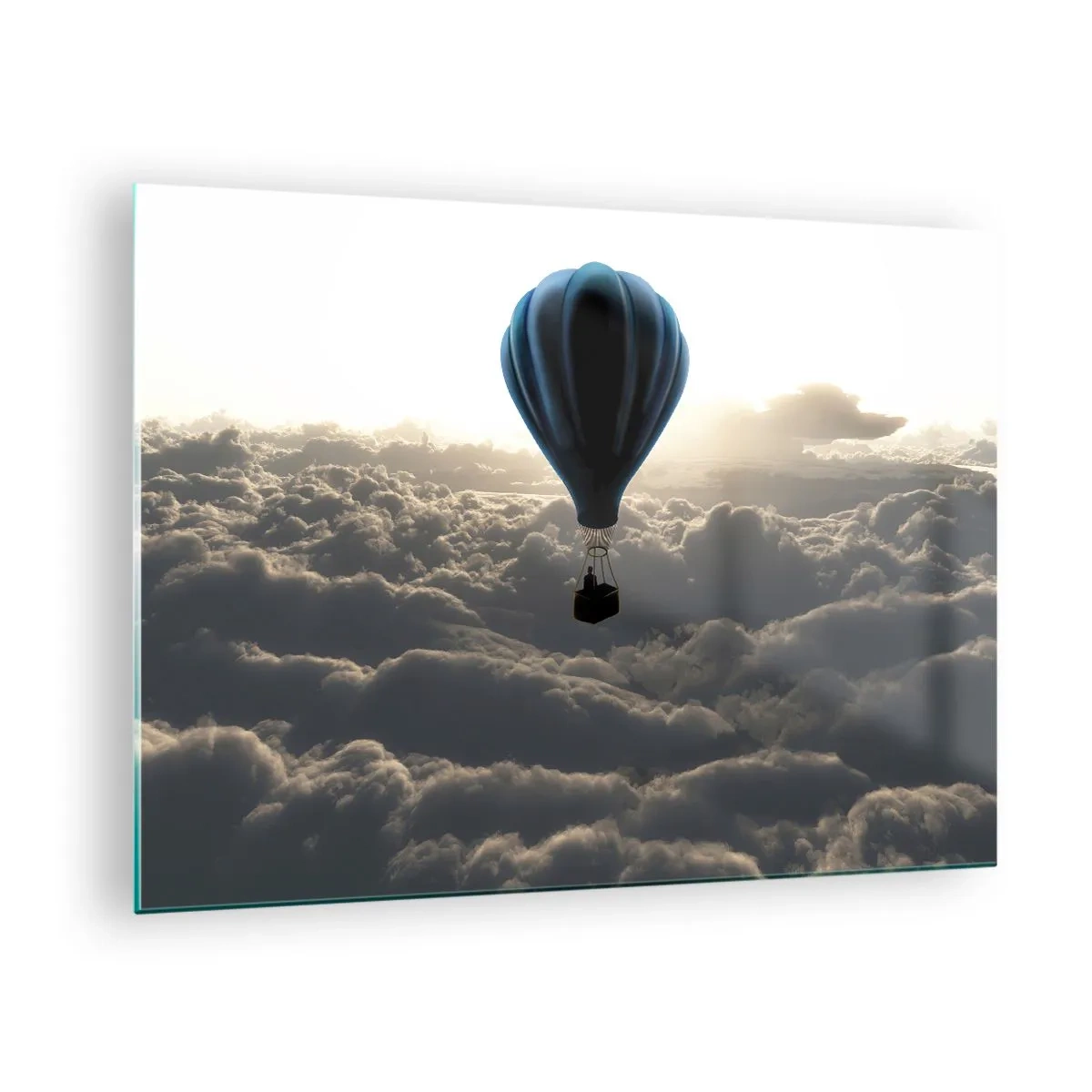Cuadro sobre vidrio - Impresiones sobre Vidrio - Un globo flotando sobre las nubes al amanecer. - 70x50cm - Un viajero por encima de las nubes - Decoración de pared moderna para salón y dormitorio ARTTOR