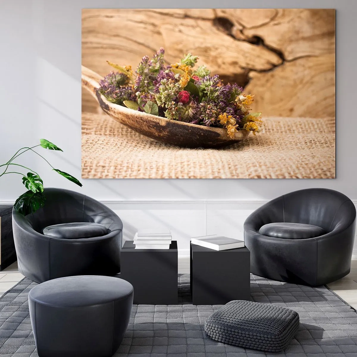 Cuadro sobre vidrio - Impresiones sobre Vidrio - Hierbas secas en una cuchara de madera sobre un fondo rústico. - 100x70cm - Flores coloridas y hierbas aromáticas - Decoración de pared moderna para salón y dormitorio ARTTOR