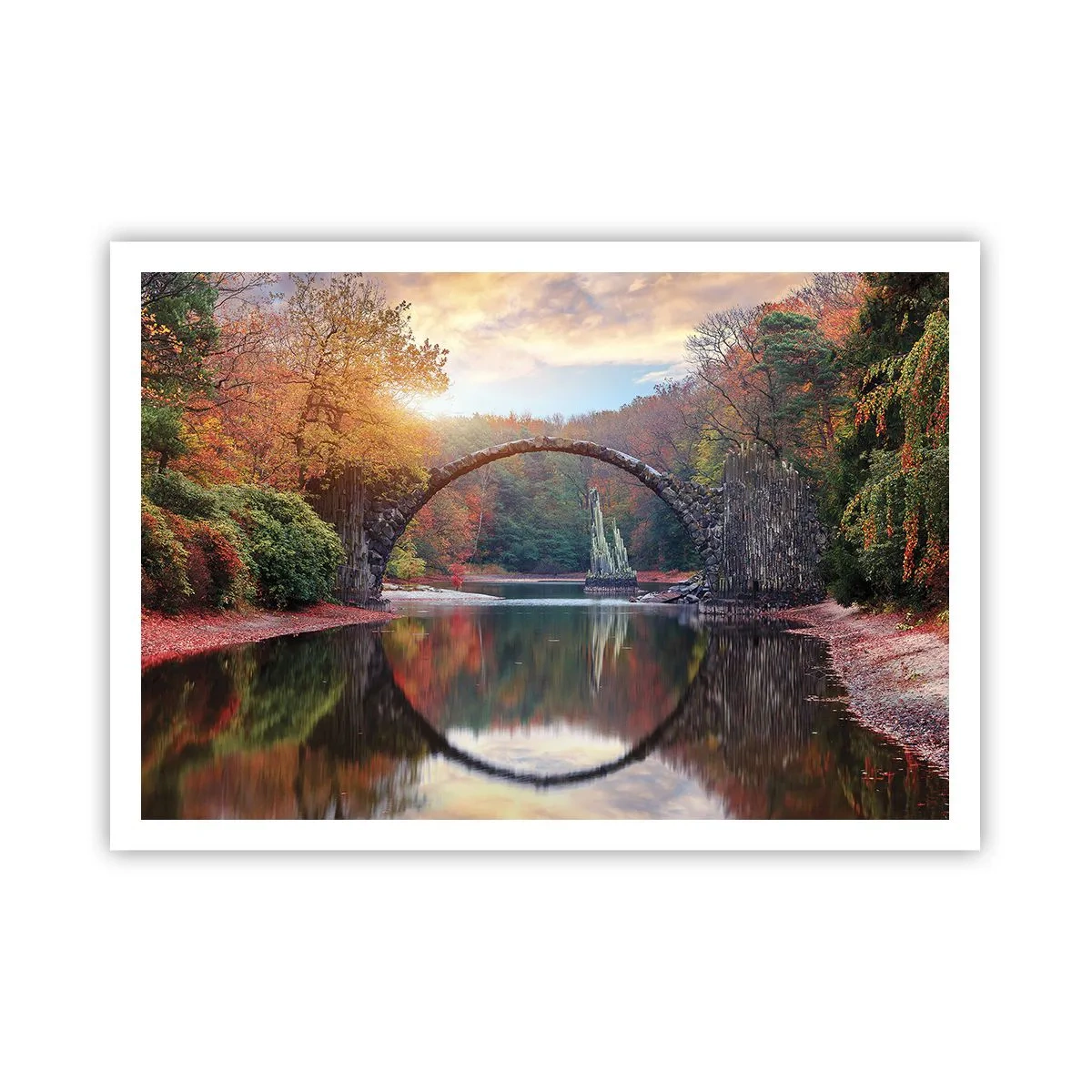 Póster - Un puente de piedra en un paisaje otoñal sobre aguas tranquilas. - 100x70cm - Al otro lado del espejo - Decoración de pared moderna para salón y dormitorio ARTTOR