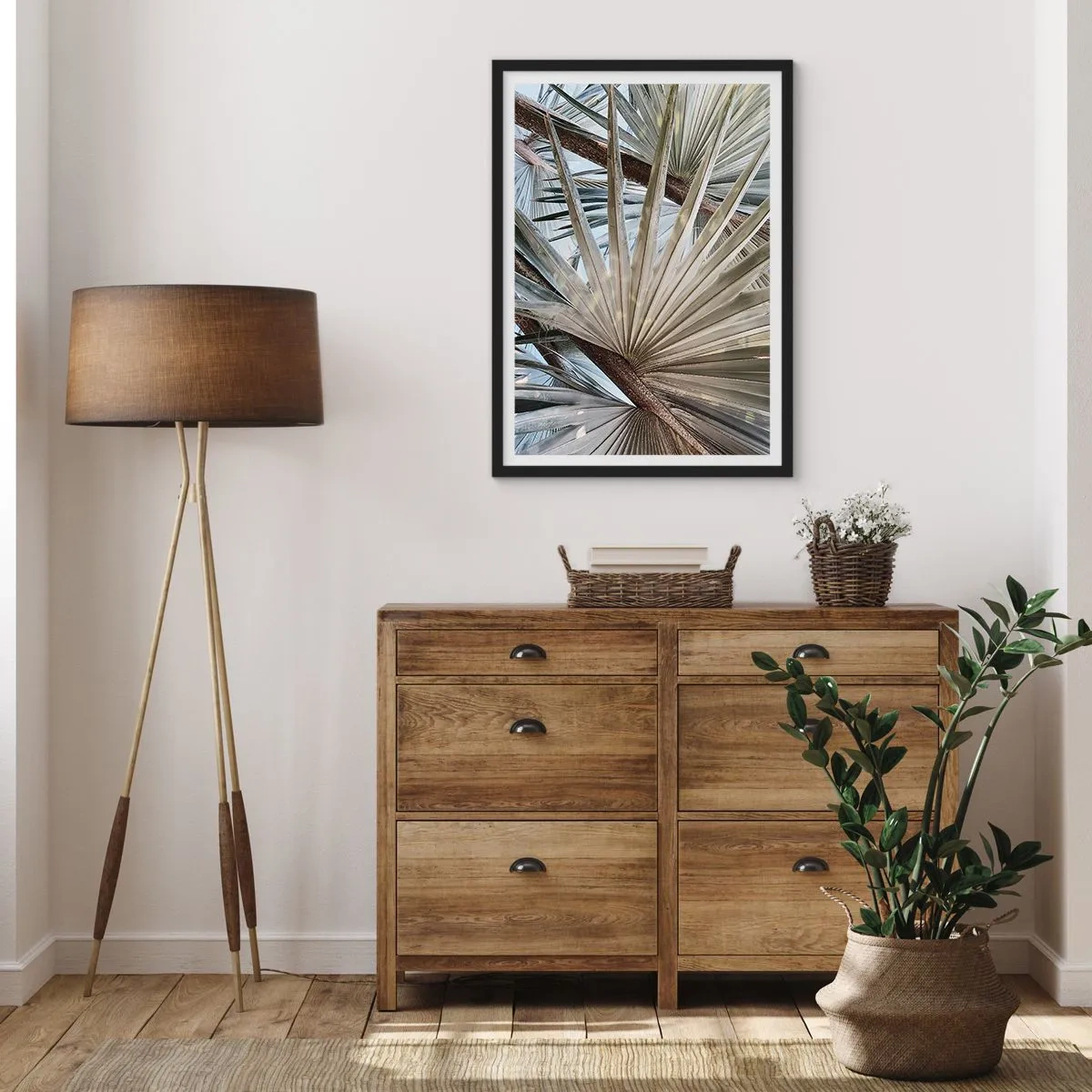 Póster en marco negro - Primer plano de hojas de palma en tonos pastel. - 50x70cm - Abanicos en el trópico - Decoración de pared moderna para salón y dormitorio ARTTOR