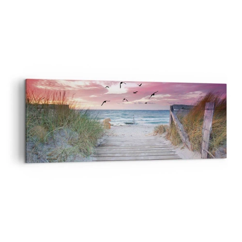 Cuadro sobre lienzo - Impresión de Imagen - Camino de madera en la playa al atardecer rosa - 140x50cm - Impresión del Báltico - Decoración de pared moderna para salón y dormitorio ARTTOR