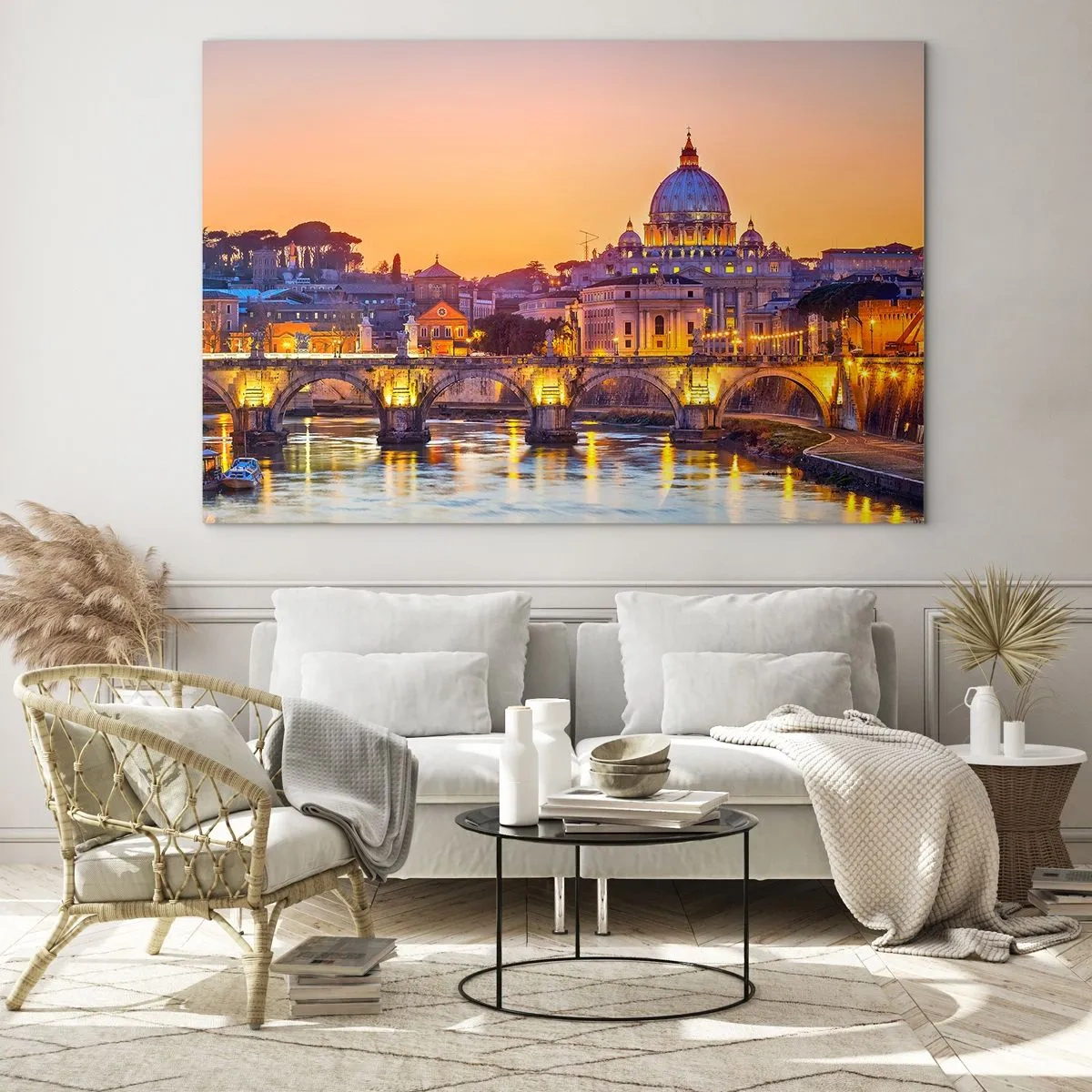 Cuadro sobre vidrio - Impresiones sobre Vidrio - Puente y Basílica en Roma al atardecer - 70x50cm - Crepúsculo sobre la Ciudad Eterna - Decoración de pared moderna para salón y dormitorio ARTTOR