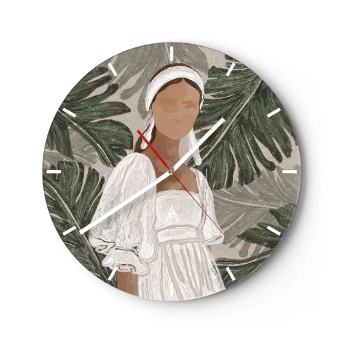Reloj de pared - Reloj de vidrio - Retrato estilizado de una mujer sobre un fondo de hojas tropicales. - 30x30cm - Retrato exótico - Decoración de pared moderna para salón, cocina y dormitorio ARTTOR