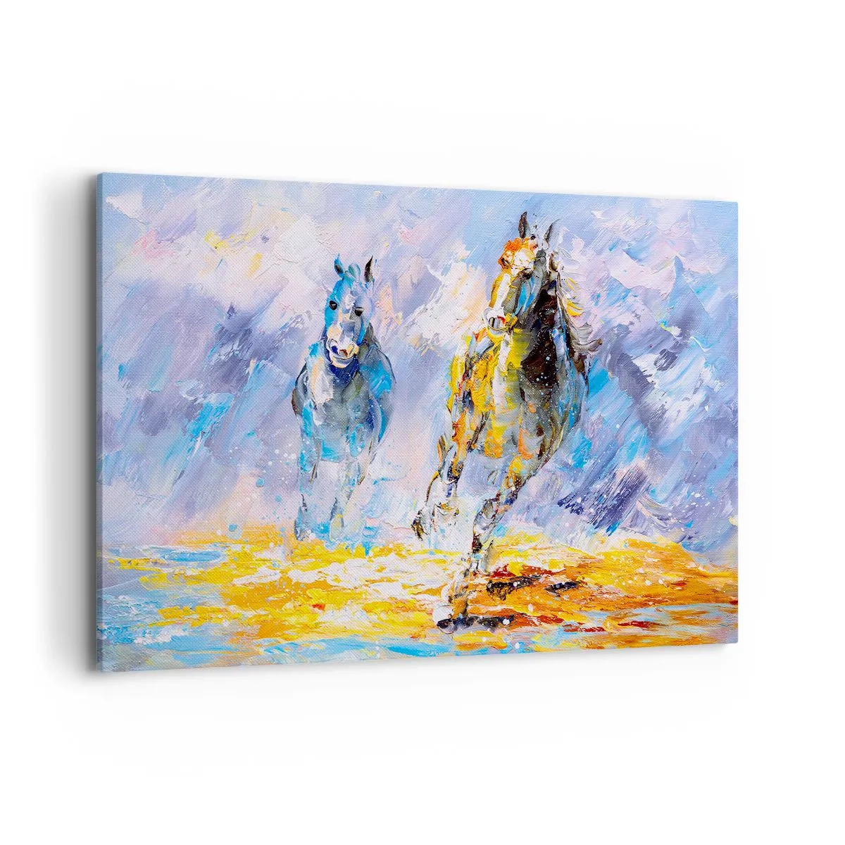Cuadro sobre lienzo - Impresión de Imagen - Dos caballos en movimiento con el telón de fondo de un paisaje abstracto. - 120x80cm - Galopando a través del resplandor - Decoración de pared moderna para salón y dormitorio ARTTOR