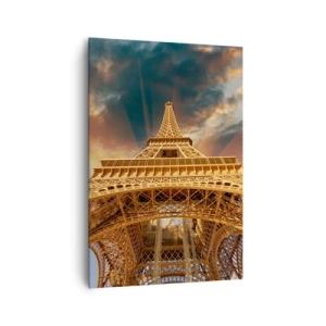 Cuadro sobre lienzo - Impresión de Imagen - La Torre Eiffel desde abajo con el sol poniente como telón de fondo - 70x100cm - Mientras la humanidad alcanza el cielo - Decoración de pared moderna para salón y dormitorio ARTTOR