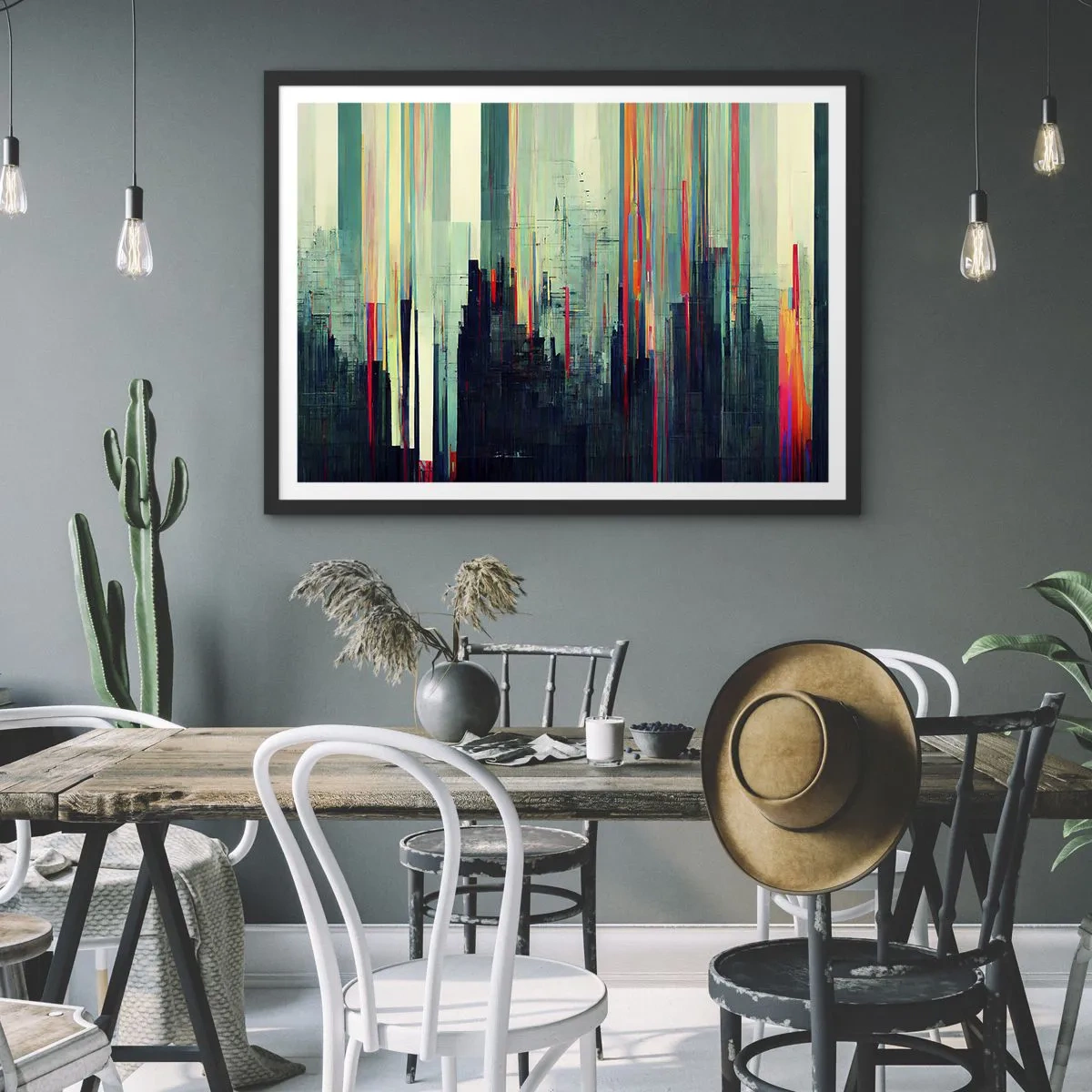Póster en marco negro - Abstracción con líneas verticales y un horizonte de ciudad. - 70x50cm - Ciudad futurista - Decoración de pared moderna para salón y dormitorio ARTTOR