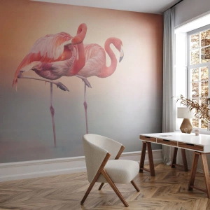 Fotomural Premium Canvas - Flamencos en delicados colores pastel sobre un fondo de agua. - 100x70cm - Elegancia bajo el sol de poniente - Decoración de pared moderna para salón y dormitorio ARTTOR