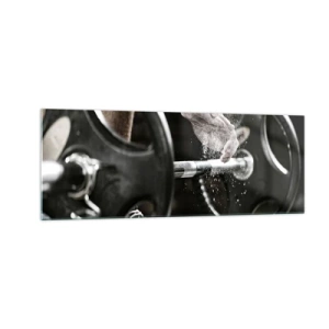 Cuadro sobre vidrio - Impresiones sobre Vidrio - Mancuernas y manos de un atleta preparándose para el entrenamiento. - 140x50cm - ¡Reto aceptado! - Decoración de pared moderna para salón y dormitorio ARTTOR