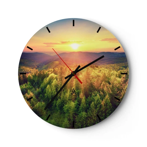 Reloj de pared - Reloj de vidrio - Paisaje de montaña con puesta de sol y bosques. - 30x30cm - Desde lo alto - Decoración de pared moderna para salón, cocina y dormitorio ARTTOR