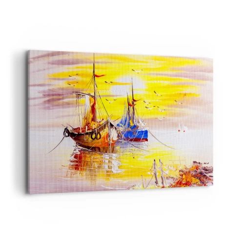Cuadro sobre lienzo - Impresión de Imagen - Una escena pictórica de barcos en un mar en calma. - 120x80cm - Un merecido descanso en el puerto - Decoración de pared moderna para salón y dormitorio ARTTOR