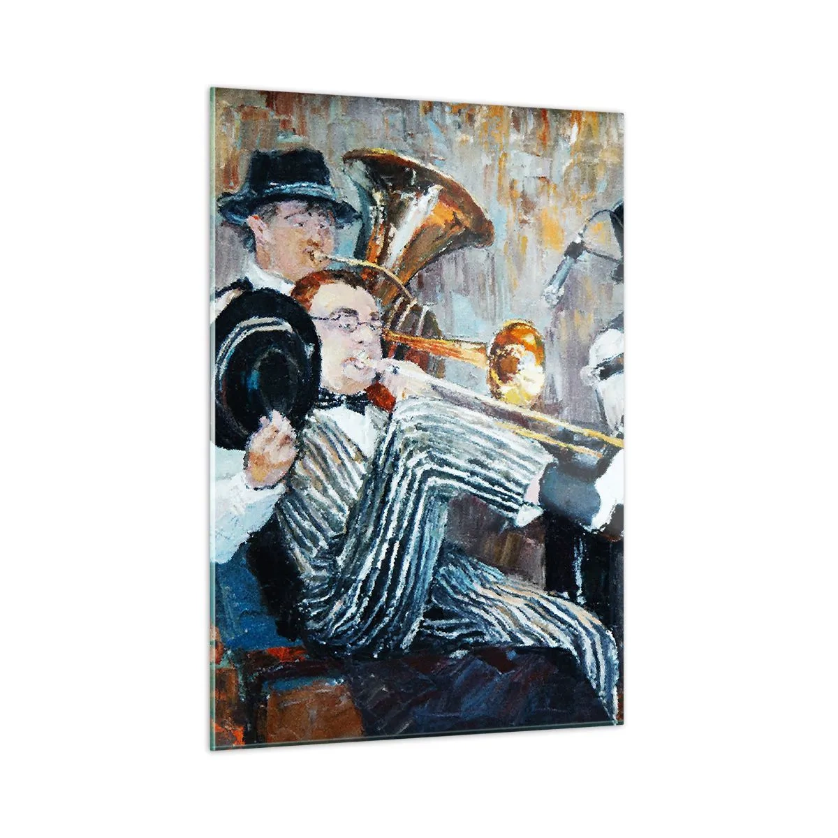 Cuadro sobre vidrio - Impresiones sobre Vidrio - Una banda de jazz en una escena impresionista atmosférica. - 50x70cm - Todo ese jazz - Decoración de pared moderna para salón y dormitorio ARTTOR