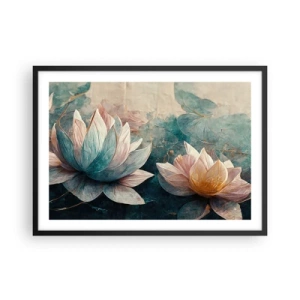 Póster en marco negro - Nenúfares sutiles en tonos pastel de azul y dorado. - 70x50cm - Estrellas de lago - Decoración de pared moderna para salón y dormitorio ARTTOR