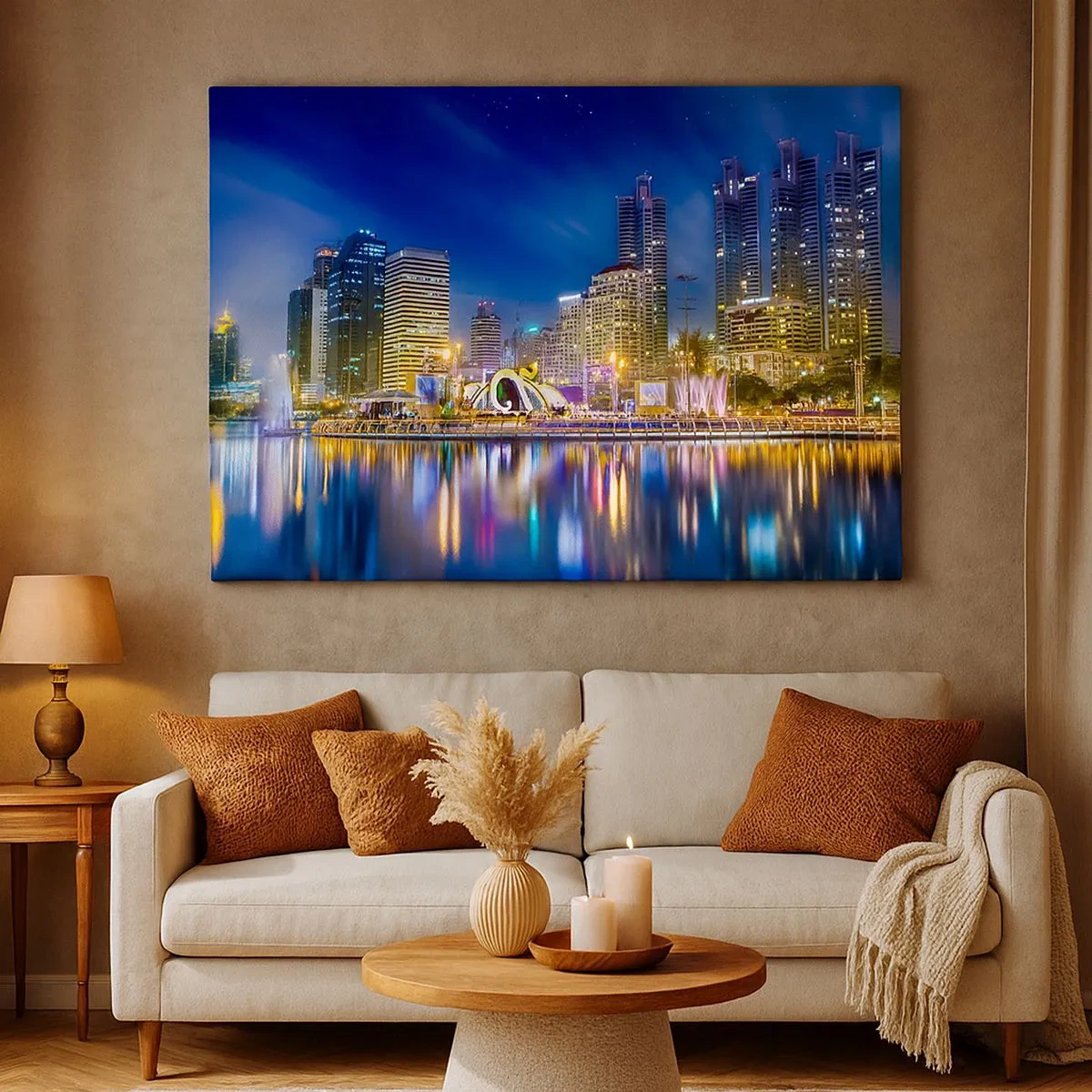 Cuadro sobre lienzo - Impresión de Imagen - Panorama nocturno de la ciudad con luces reflejadas en el agua. - 70x50cm - La noche del arco iris de la metrópoli - Decoración de pared moderna para salón y dormitorio ARTTOR