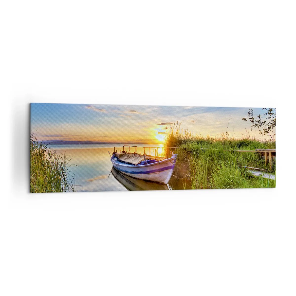 Cuadro sobre lienzo - Impresión de Imagen - Un barco en una bahía tranquila al atardecer. - 160x50cm - Sueños cumplidos - Decoración de pared moderna para salón y dormitorio ARTTOR