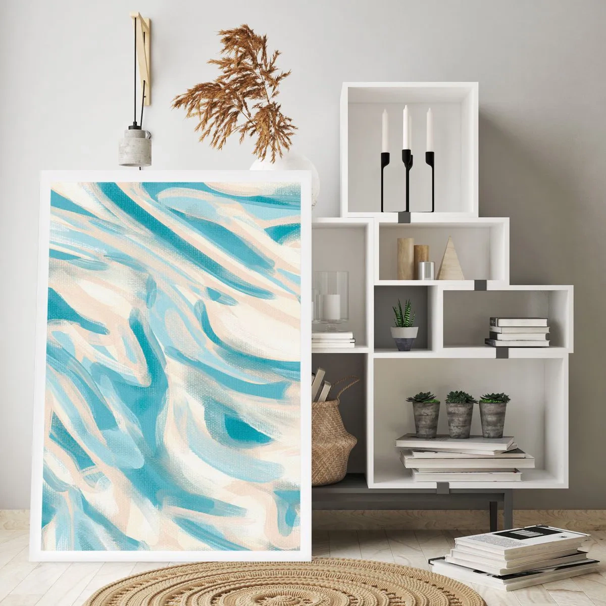Póster - Ondas abstractas en tonos azules y beige - 50x70cm - Brisas primaverales - Decoración de pared moderna para salón y dormitorio ARTTOR