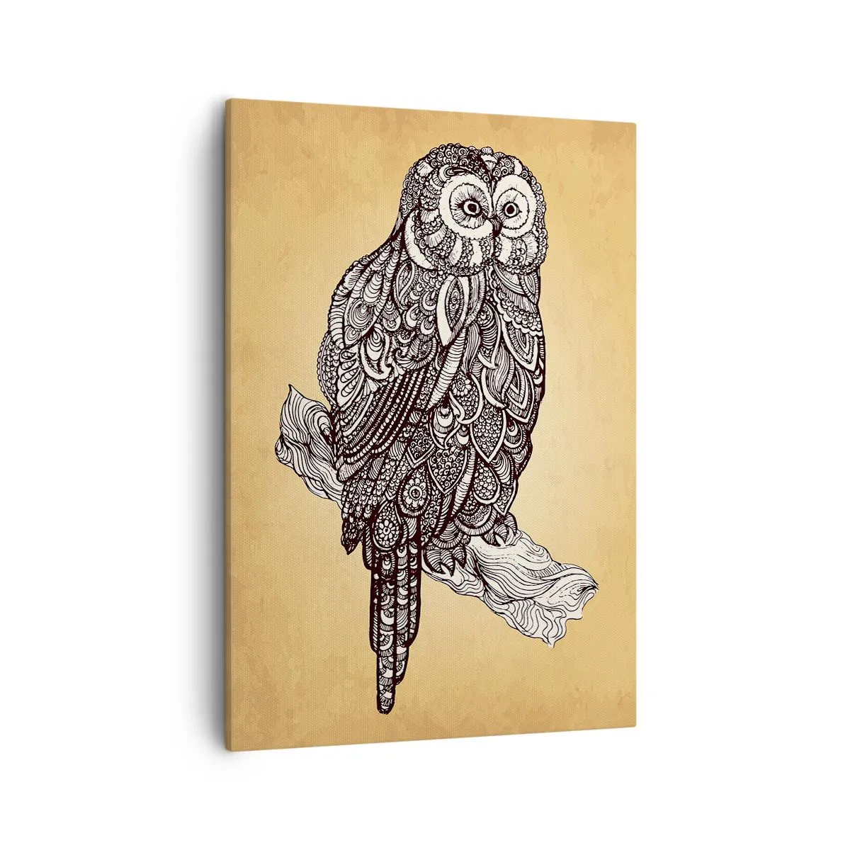 Cuadro sobre lienzo - Impresión de Imagen - Un búho en estilo ornamental sobre un fondo beige. - 50x70cm - Intrincados ornamentos de sabiduría - Decoración de pared moderna para salón y dormitorio ARTTOR