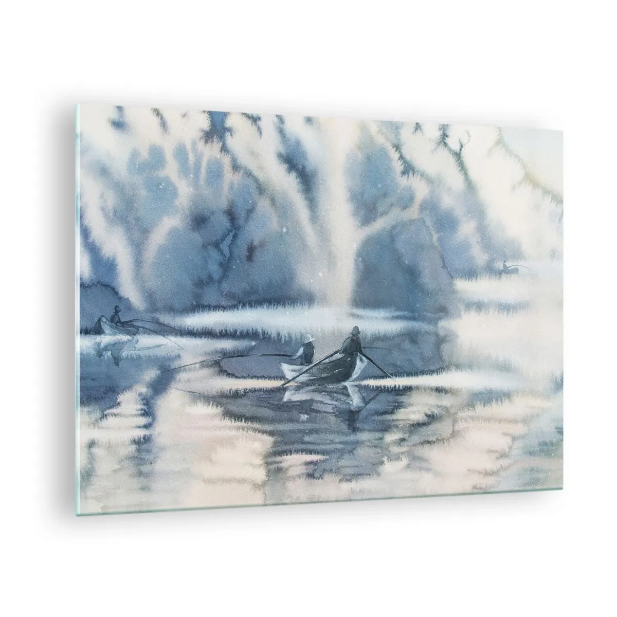 Cuadro sobre vidrio - Impresiones sobre Vidrio - Dos pescadores en un barco rodeado de un paisaje brumoso. - 70x50cm - Pescadores en su paraíso - Decoración de pared moderna para salón y dormitorio ARTTOR
