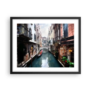 Póster en marco negro - Paisaje veneciano con góndola y puente - 50x40 cm