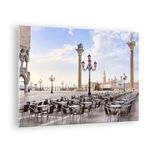 Cuadro sobre vidrio - Impresiones sobre Vidrio - Una plaza con columnas y filas de sillas en Venecia. - 70x50cm - Vamos, todo está listo - Decoración de pared moderna para salón y dormitorio ARTTOR