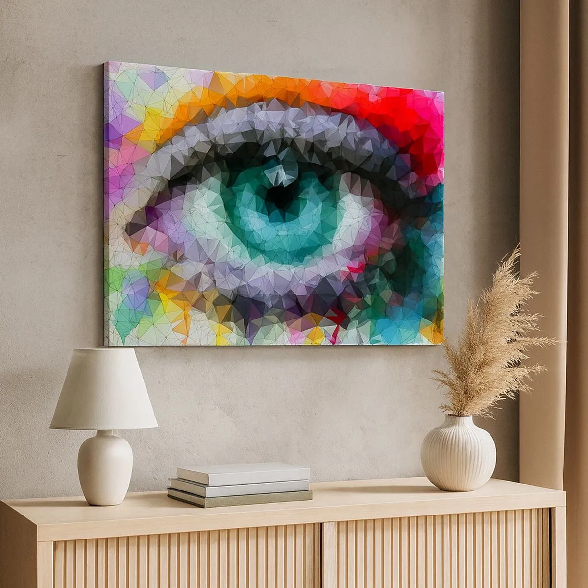 Cuadro sobre lienzo - Impresión de Imagen - Look geométrico con ojo verde - 70x50cm - El brillo cristalino de los ojos - Decoración de pared moderna para salón y dormitorio ARTTOR