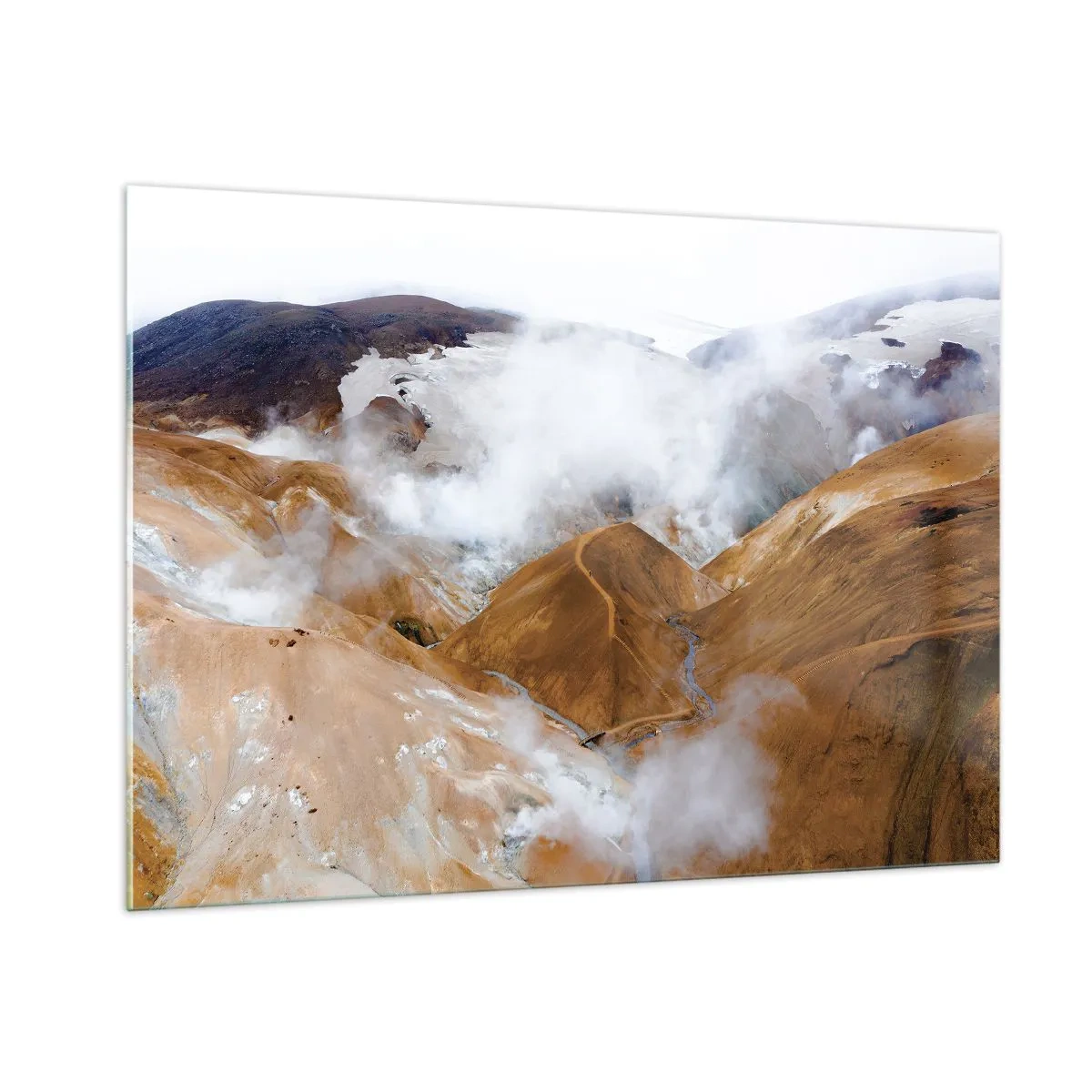 Cuadro sobre vidrio - Impresiones sobre Vidrio - Vista aérea de las humeantes colinas y valles islandeses - 100x70cm - La dura belleza de Islandia - Decoración de pared moderna para salón y dormitorio ARTTOR