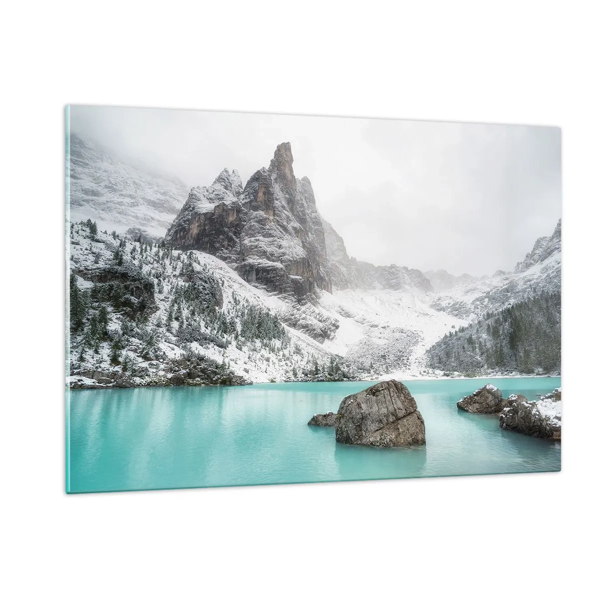 Cuadro sobre vidrio - Impresiones sobre Vidrio - Paisaje invernal con un lago turquesa - 120x80cm - En guardia - Decoración de pared moderna para salón y dormitorio ARTTOR