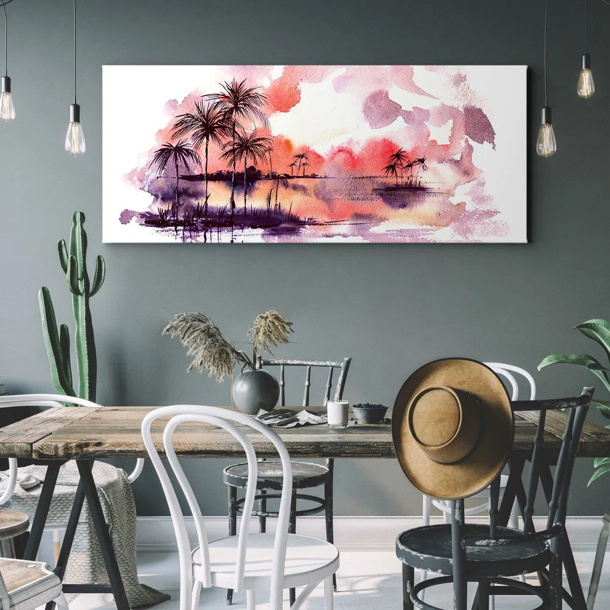 Cuadro sobre lienzo - Impresión de Imagen - Paisaje tropical con palmeras al atardecer en acuarela. - 120x50cm - La calma de los trópicos en rojo - Decoración de pared moderna para salón y dormitorio ARTTOR