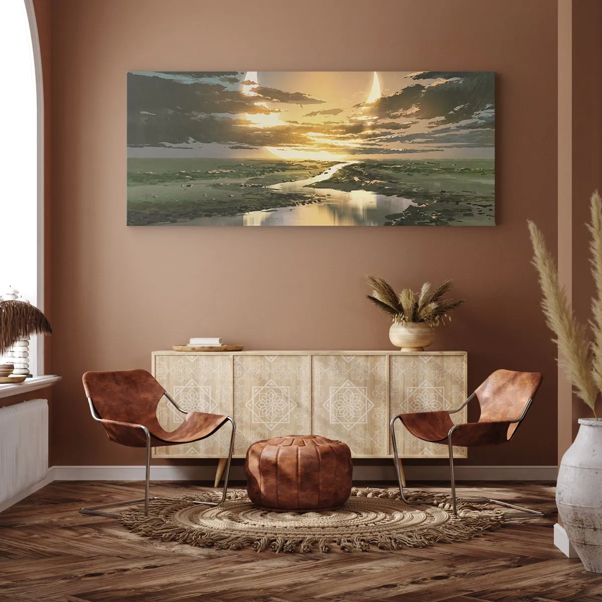 Cuadro sobre lienzo - Impresión de Imagen - Un paisaje fantástico con dos lunas en el horizonte. - 160x50cm - En algún lugar de una galaxia muy, muy lejana - Decoración de pared moderna para salón y dormitorio ARTTOR