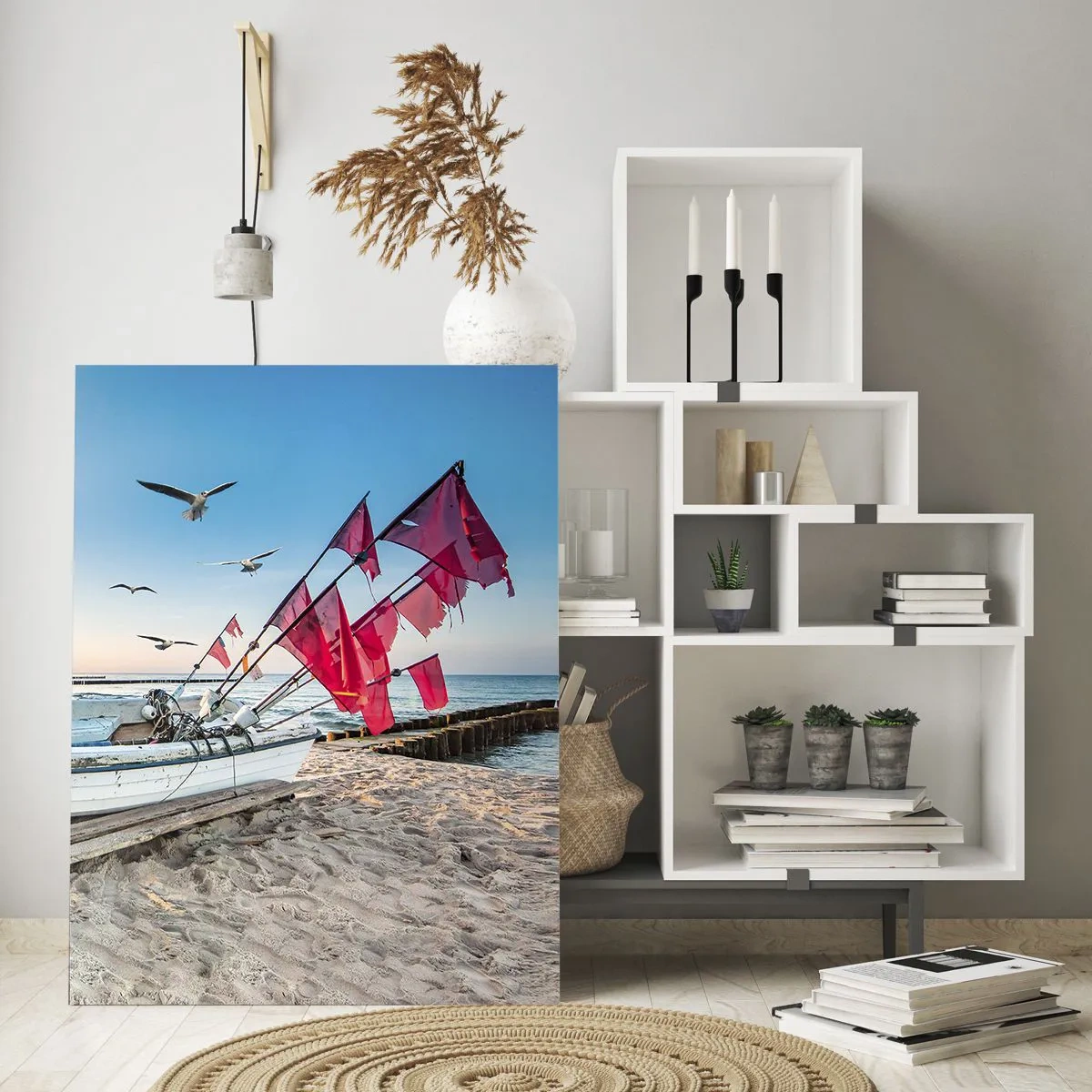 Cuadro sobre vidrio - Impresiones sobre Vidrio - Barco de pesca en la playa al amanecer - 50x70cm - Un merecido descanso - Decoración de pared moderna para salón y dormitorio ARTTOR