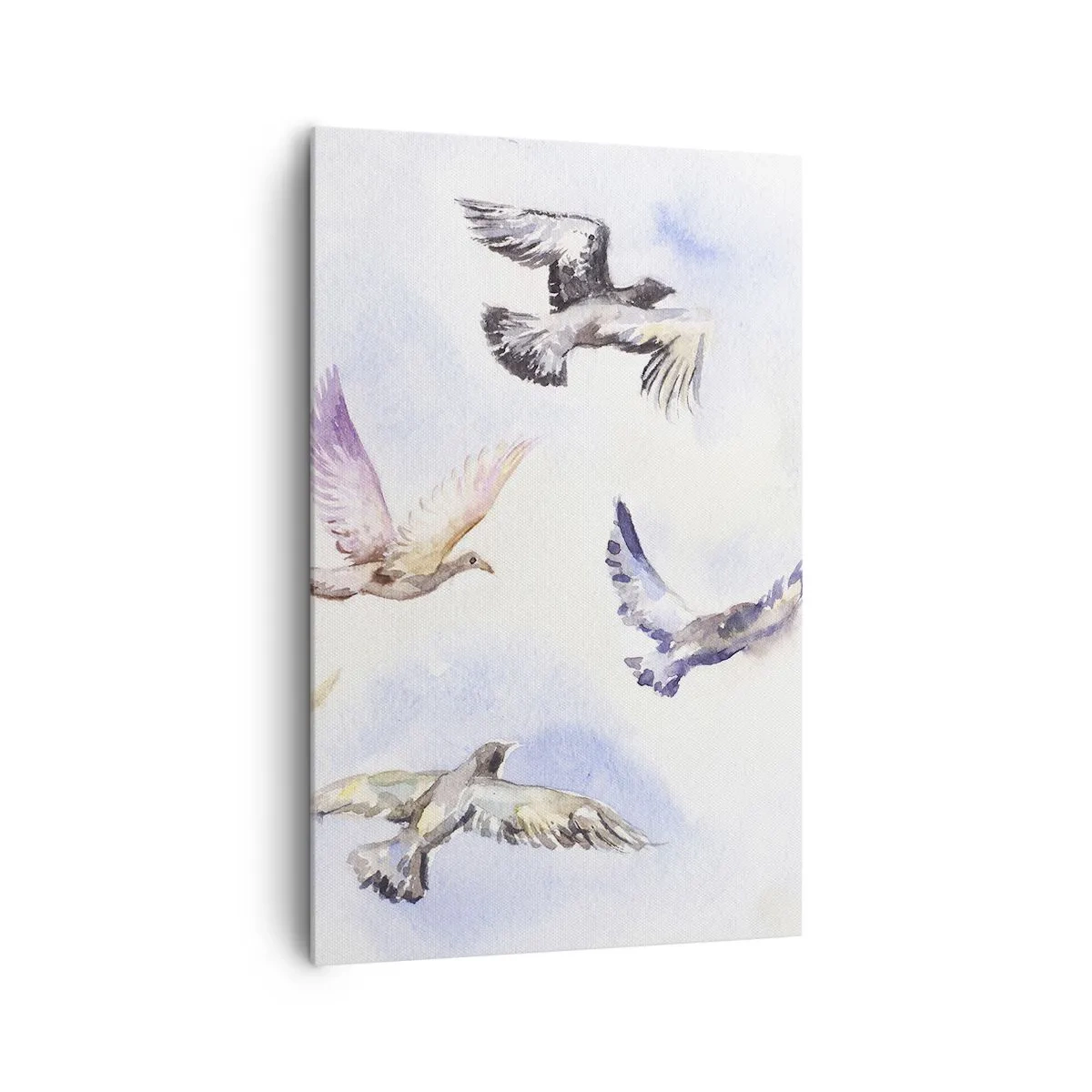 Cuadro sobre lienzo - Impresión de Imagen - Pájaros de acuarela en vuelo contra un cielo delicado. - 80x120cm - Libertad en gris y azul - Decoración de pared moderna para salón y dormitorio ARTTOR