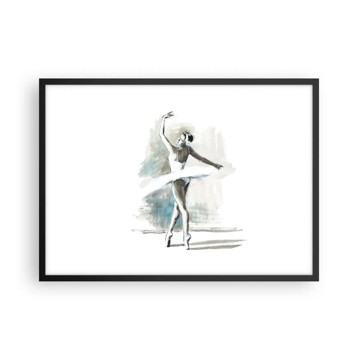 Póster en marco negro - Una bailarina de ballet en pose de ballet sobre un fondo de delicados tonos de acuarela. - 70x50cm - Encantada por un cisne - Decoración de pared moderna para salón y dormitorio ARTTOR