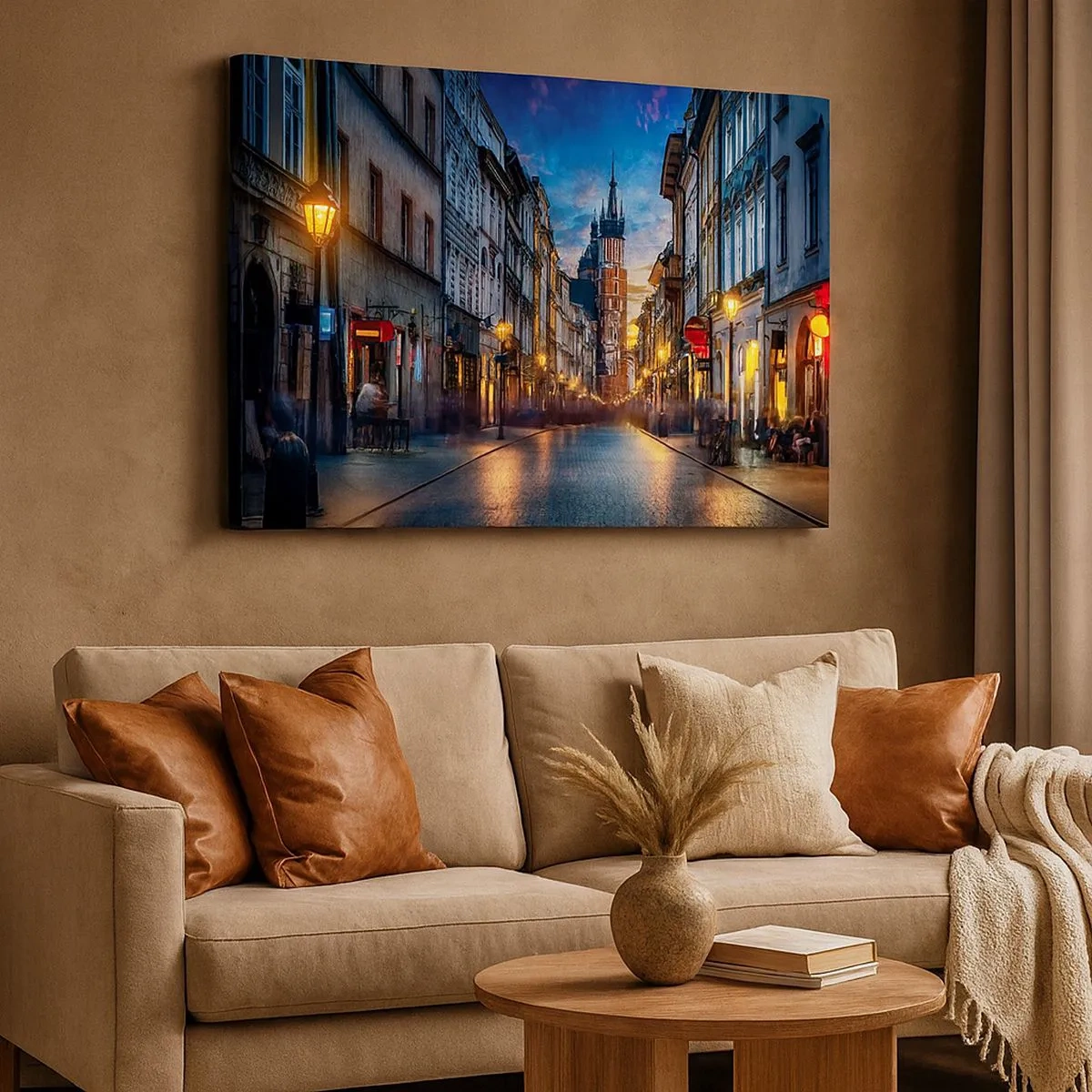 Cuadro sobre lienzo - Impresión de Imagen - Calle al atardecer con vistas a la Catedral de Cracovia - 70x50cm - El encanto de Cracovia - Decoración de pared moderna para salón y dormitorio ARTTOR