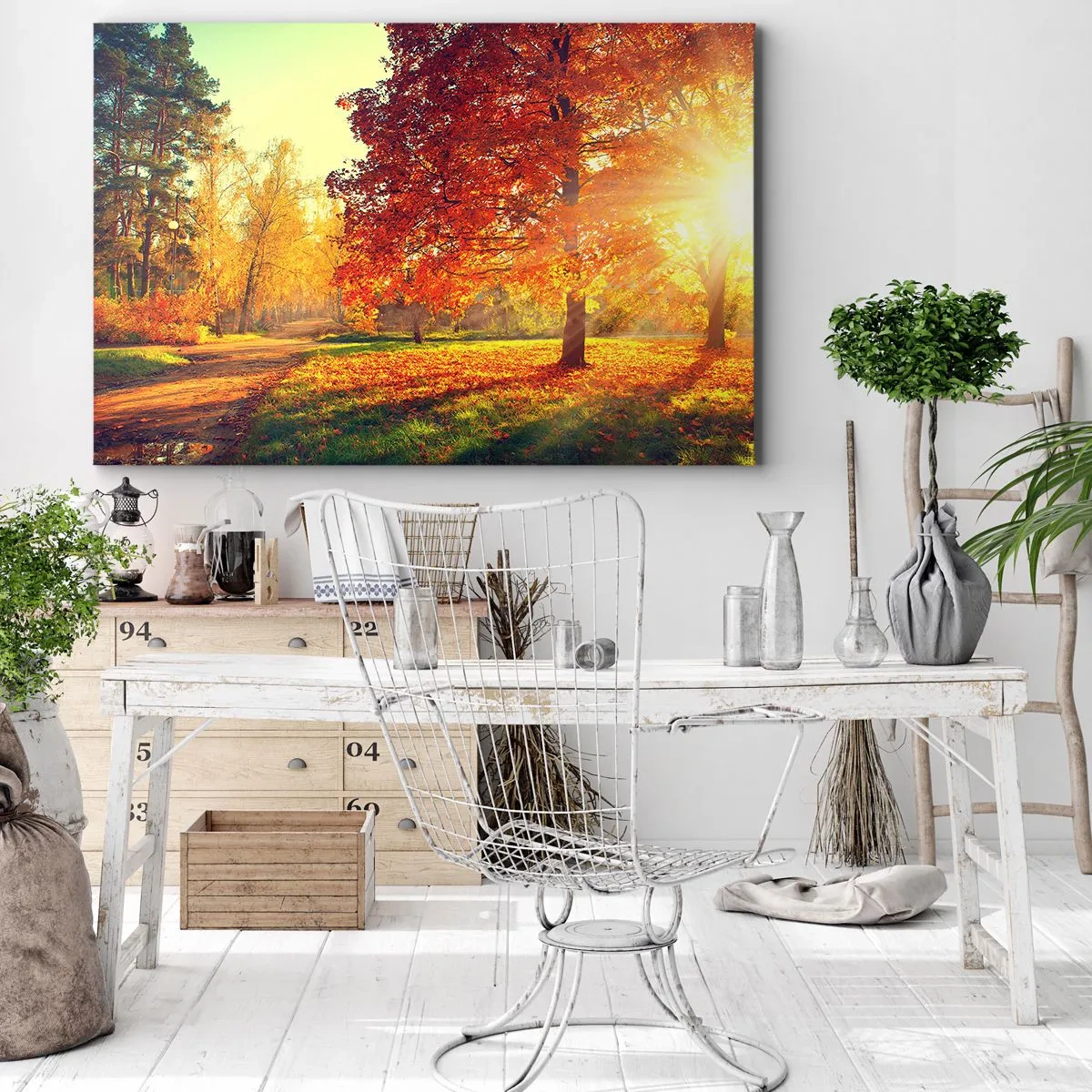 Cuadro sobre lienzo - Impresión de Imagen - Parque otoñal iluminado por la luz del sol - 70x50cm - El rojo es hermoso - Decoración de pared moderna para salón y dormitorio ARTTOR