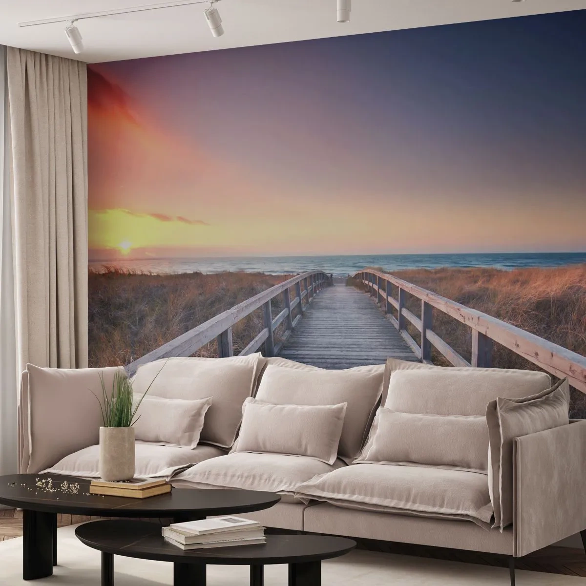 Fotomural Premium Sand - Pasarela de madera que conduce a la playa al atardecer - 100x70cm - Aurora vespertina del Báltico - Decoración de pared moderna para salón y dormitorio ARTTOR
