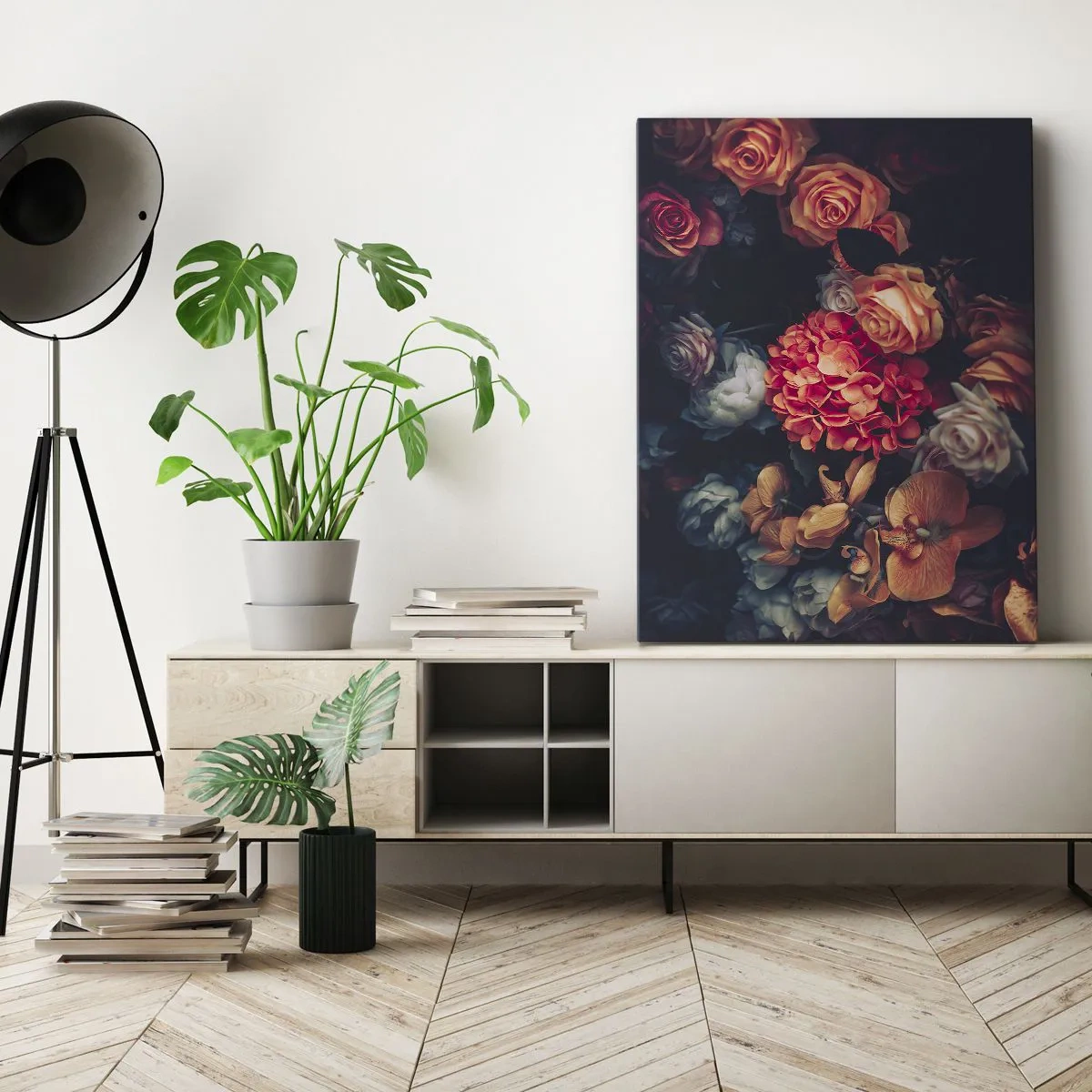 Cuadro sobre lienzo - Impresión de Imagen - Un ramo de varias flores en tonos oscuros. - 50x70cm - Como los maestros holandeses - Decoración de pared moderna para salón y dormitorio ARTTOR
